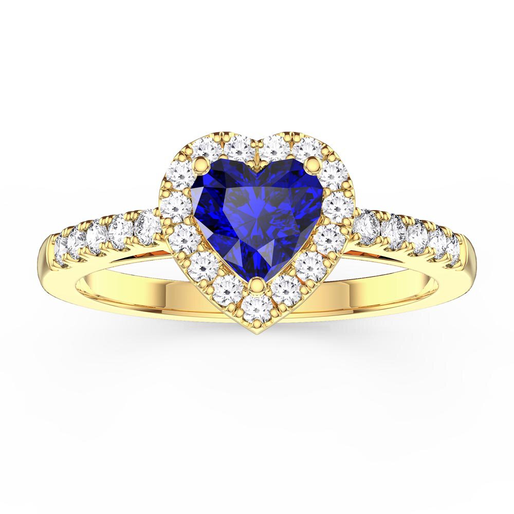 Eternity 1ct Sapphire Heart Diamond Halo 18K Yellow Gold Engagement Ring