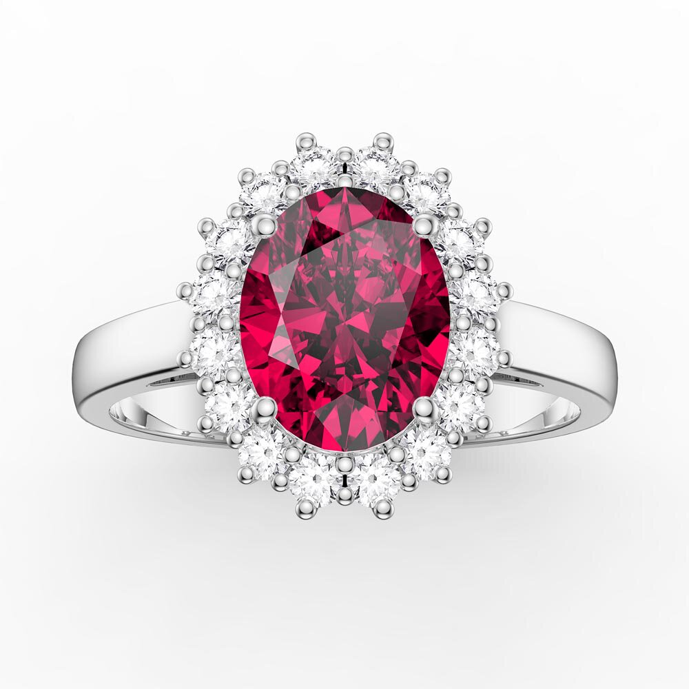 3ct Ruby Oval Moissanite Halo 18K White Gold Engagement Diana Ring