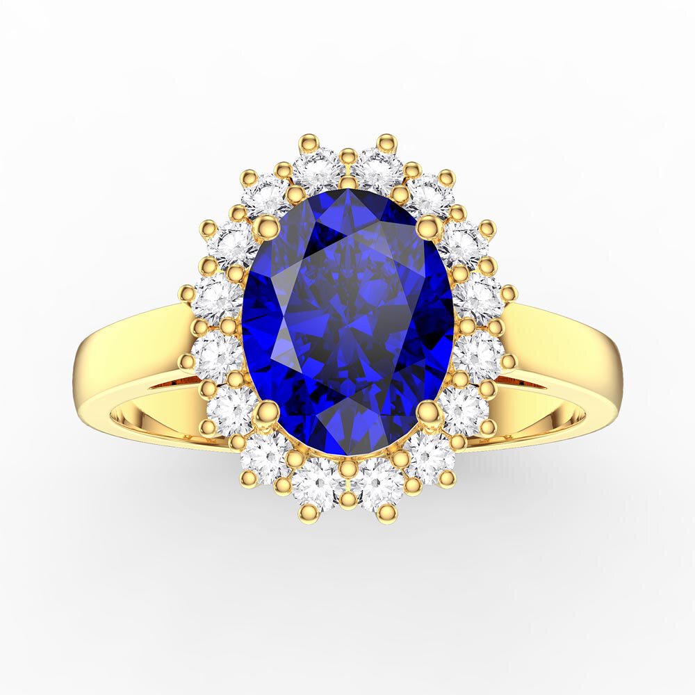 3ct Sapphire Oval Moissanite Halo 10K Yellow Gold Proposal Diana Ring