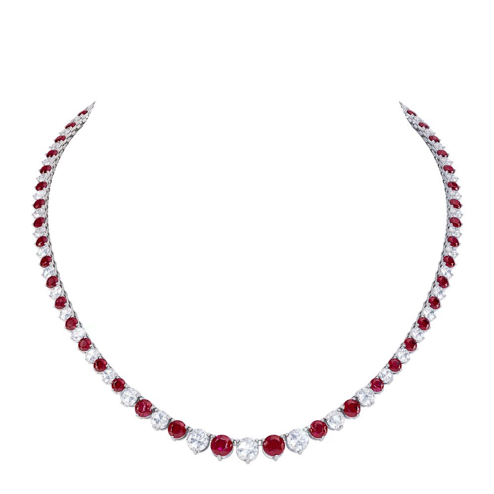 Eternity Ruby CZ Rhodium plated Silver Tennis Necklace