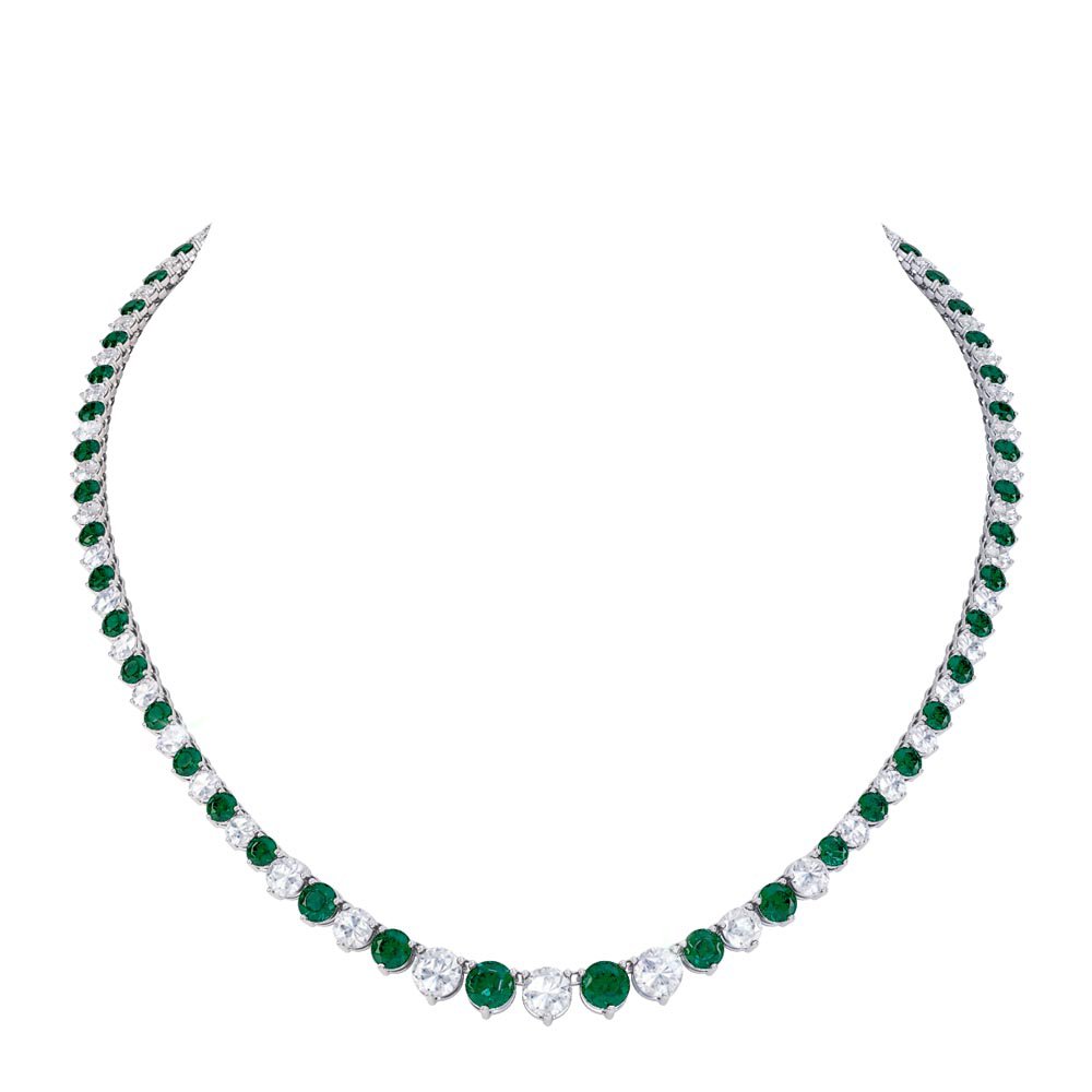 Emerald and Diamond 18K White Gold Eternity Tennis Necklace