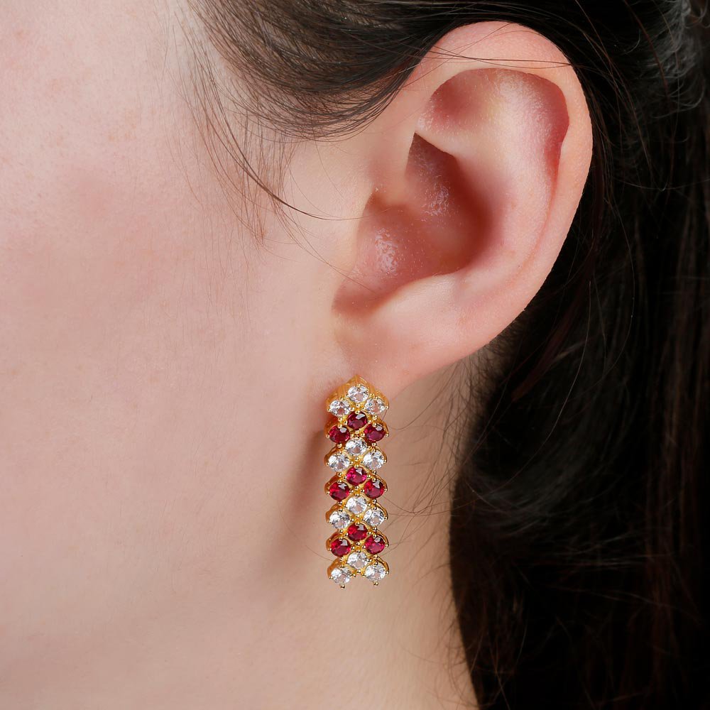 Eternity Three Row Ruby and Diamond CZ 18K Gold plated Silver Drop Earrings #2