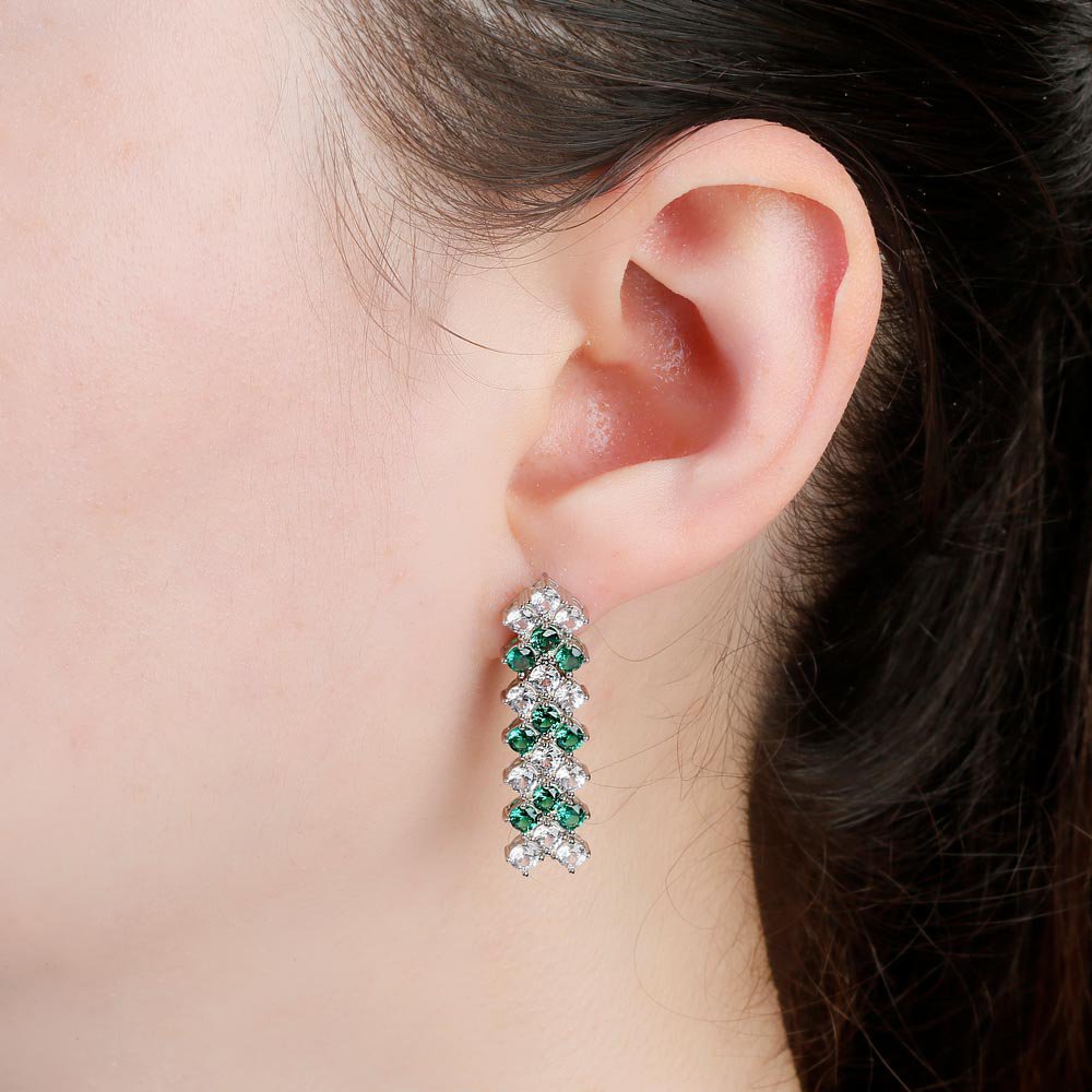Three Row Emerald and Diamond CZ Rhodium plated Silver Jewelry Set #3