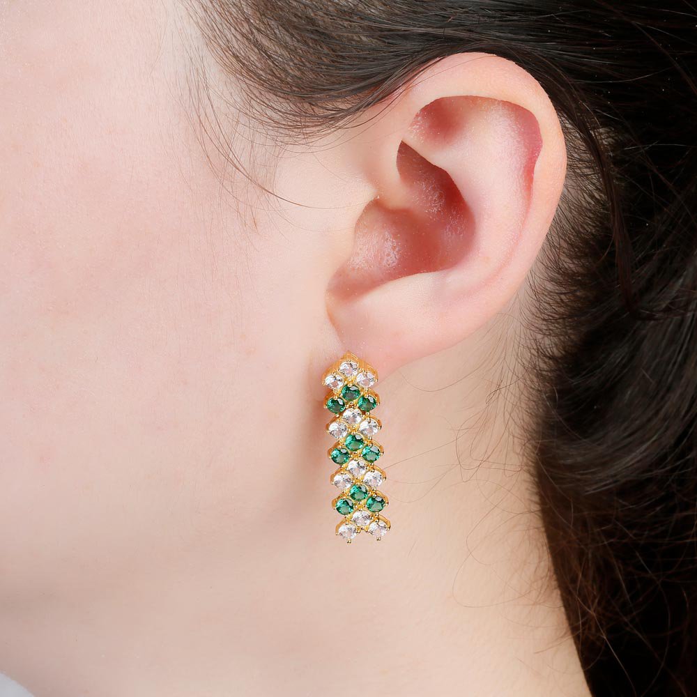 Eternity Three Row Emerald and Diamond CZ 18K Gold plated Silver Drop Earrings #2