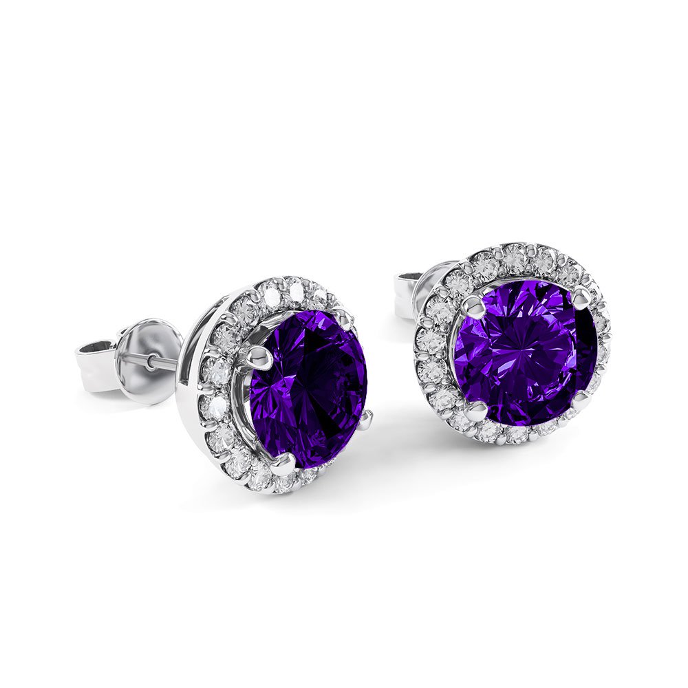 2ct Amethyst and Diamond Halo 18K White Gold Stud Earrings