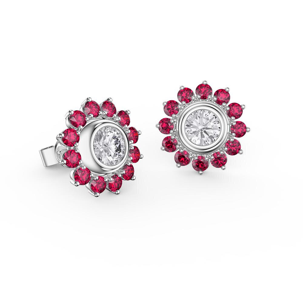 Infinity White Sapphire Platinum plated Silver Stud Earrings Ruby Halo Jacket Set #2