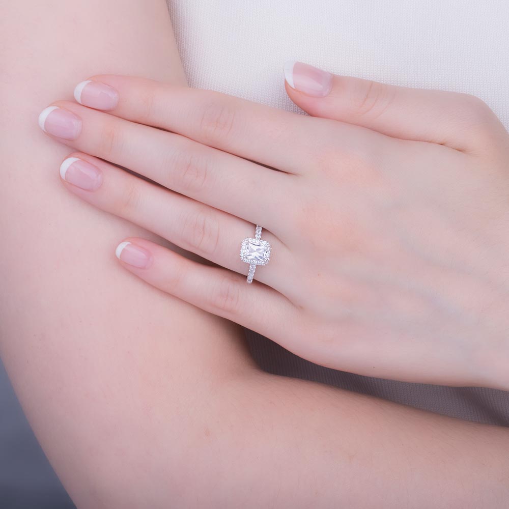 Princess Moissanite Emerald Cut Halo 18K White Gold Engagement Ring #2