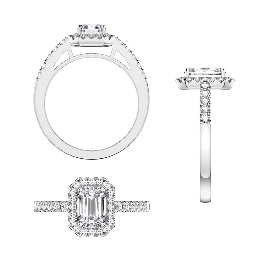Princess White Sapphire Emerald Cut Halo 10K White Gold Engagement Ring #6