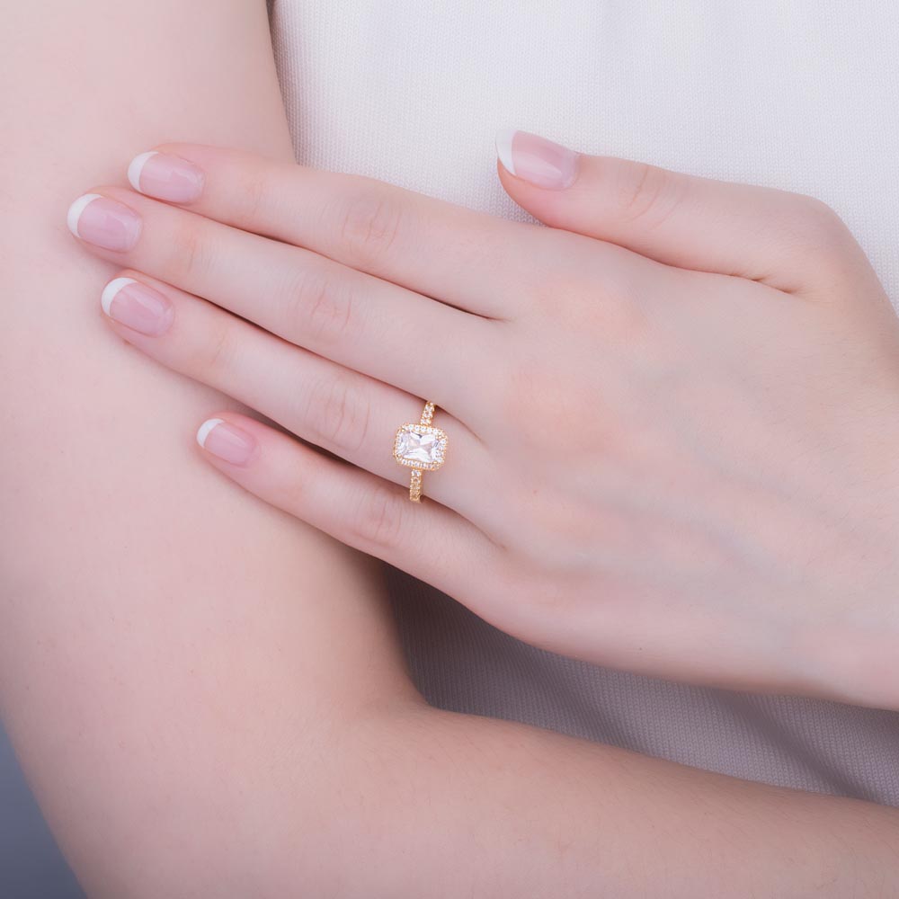 Princess Moissanite Emerald Cut Diamond Halo 18K Yellow Gold Engagement Ring #2