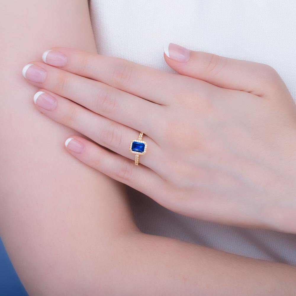 Princess Sapphire and Diamond Emerald Cut 18K Yellow Gold Engagement Ring #2