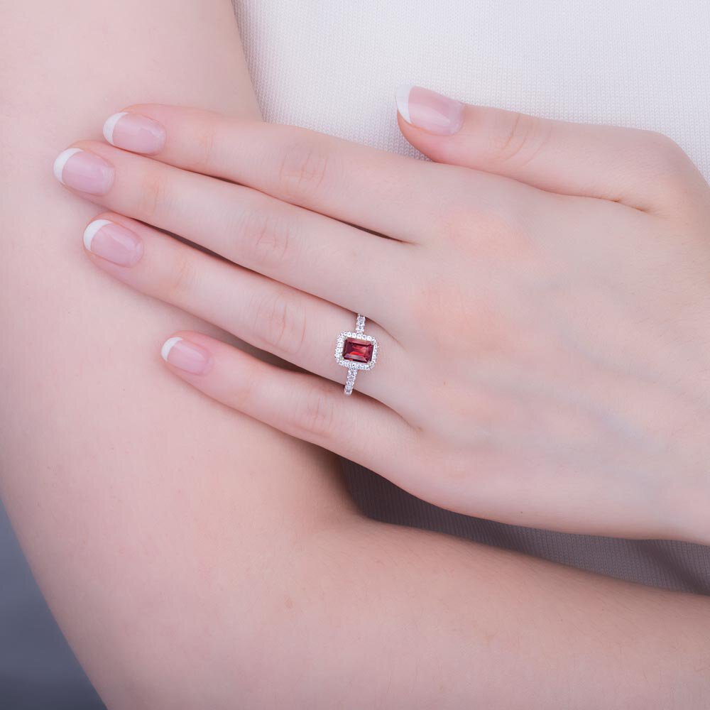 Princess Ruby Emerald Cut Moissanite Halo 18K White Gold Engagement Ring #2