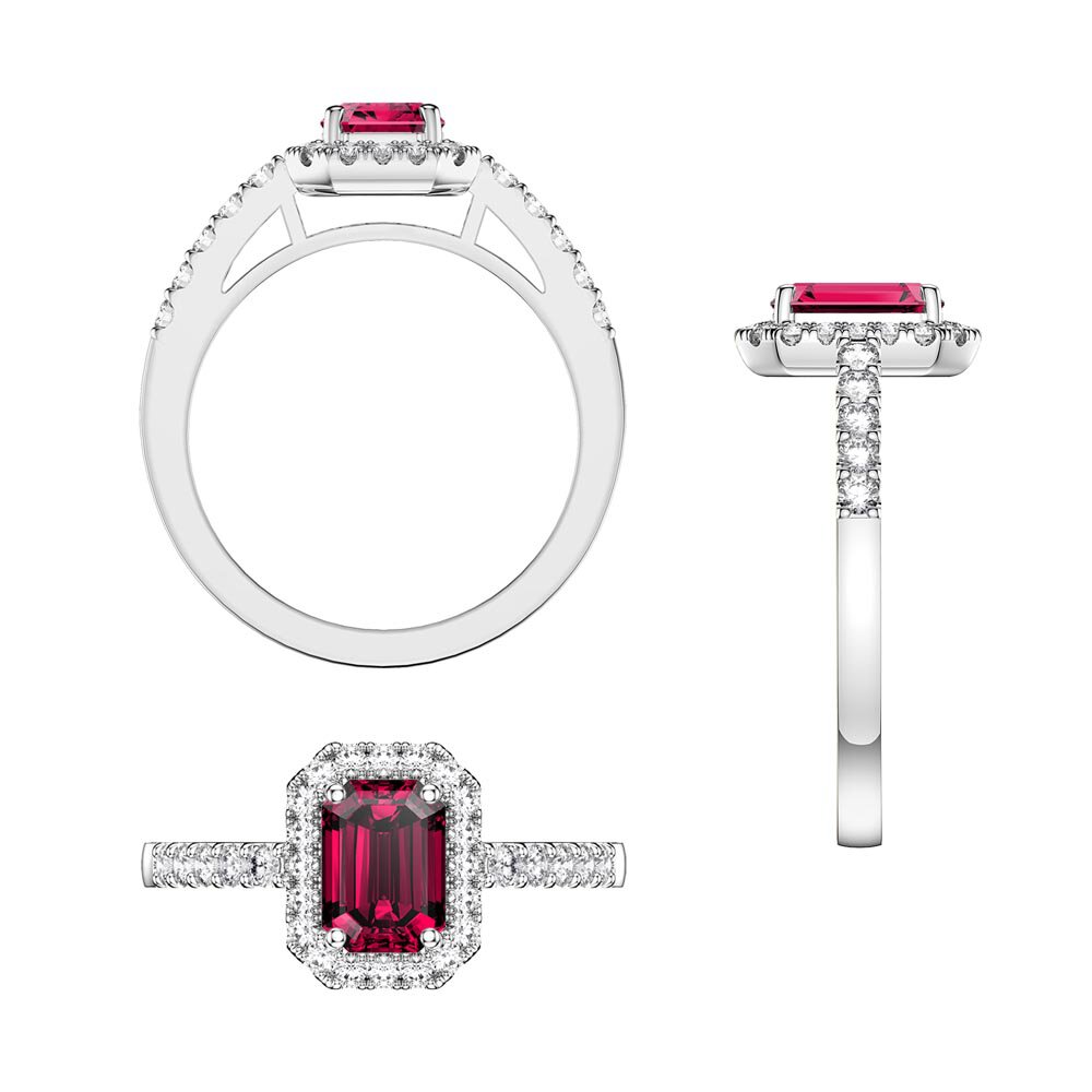 Princess Ruby Emerald Cut Moissanite Halo 18K White Gold Engagement Ring #5