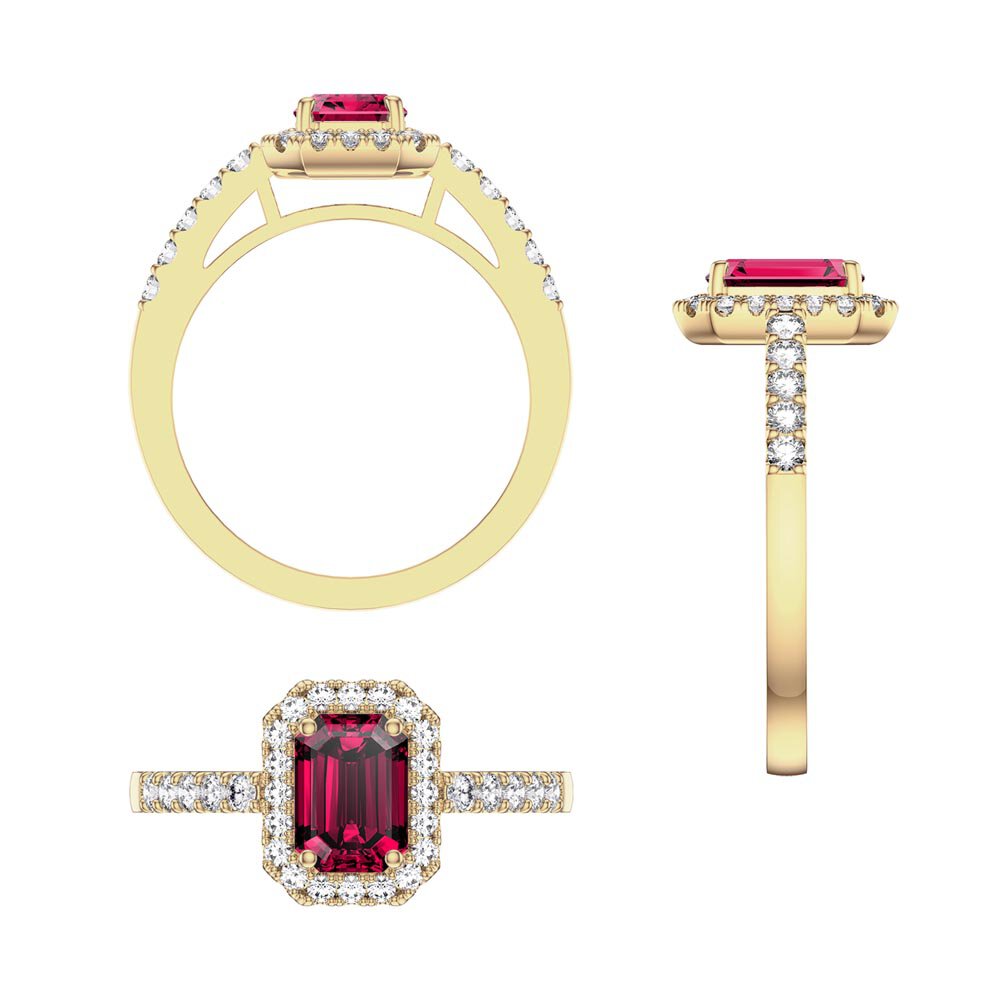 Princess Ruby Emerald Cut Diamond Halo 18K Yellow Gold Engagement Ring #5