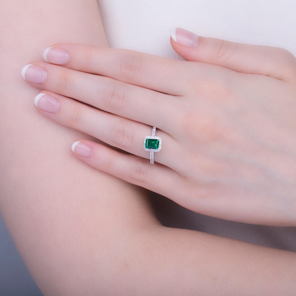 Princess Emerald Cut Emerald Diamond Halo 18K White Gold Engagement Ring #2
