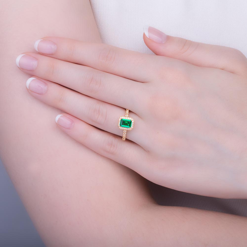 Princess Emerald cut Emerald Moissanite Halo 10K Yellow Gold Engagement Ring #2