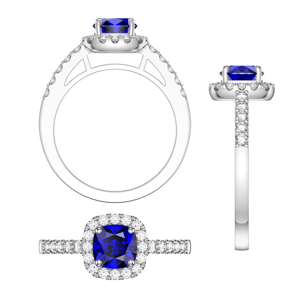 Princess Blue Sapphire and Diamond Cushion Cut Halo 18K White Gold Engagement Ring #3