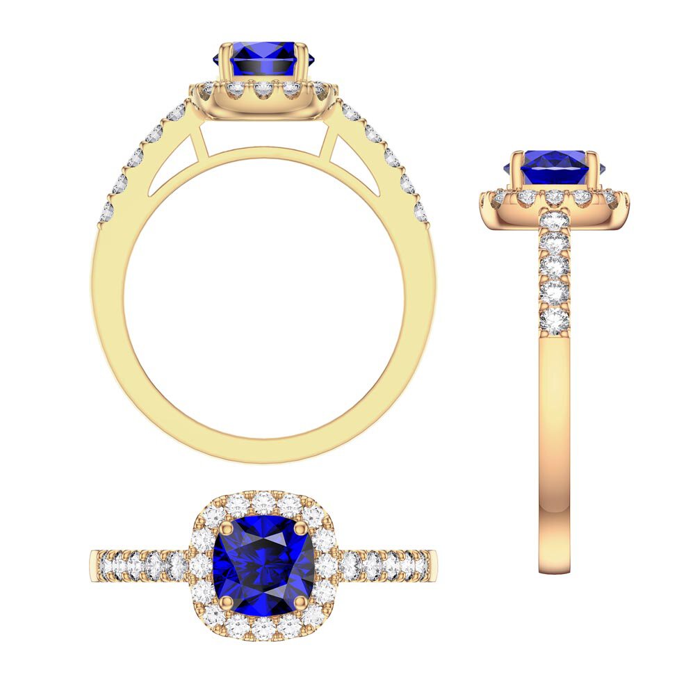 Princess Sapphire and Diamond Cushion Cut Halo 18K Yellow Gold Engagement Ring #3