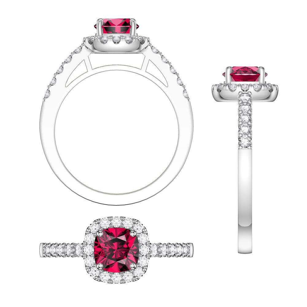 Princess Ruby Cushion Cut Diamond Halo 18K White Gold Engagement Ring #3