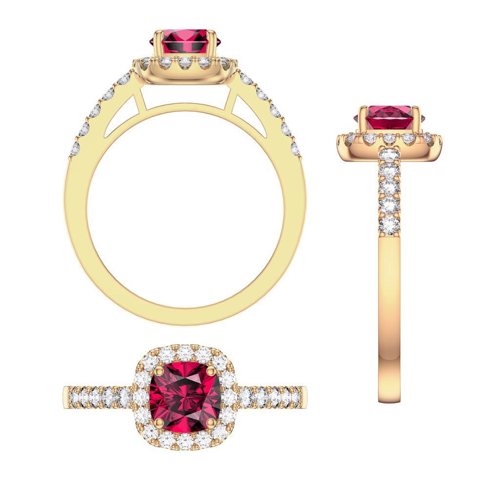 Princess Ruby Cushion Cut Diamond Halo 18K Yellow Gold Engagement Ring #3