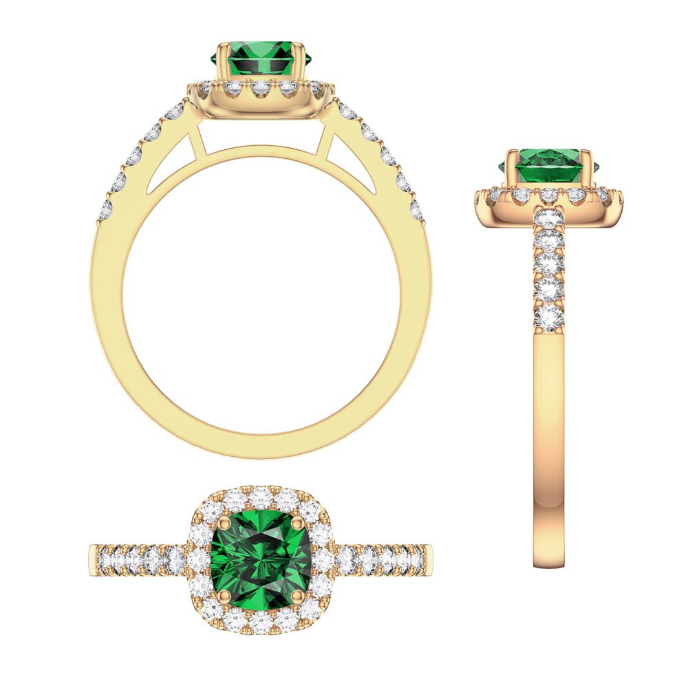 Princess Emerald and Diamond Cushion Cut Halo 18K Yellow Gold Engagement Ring #3