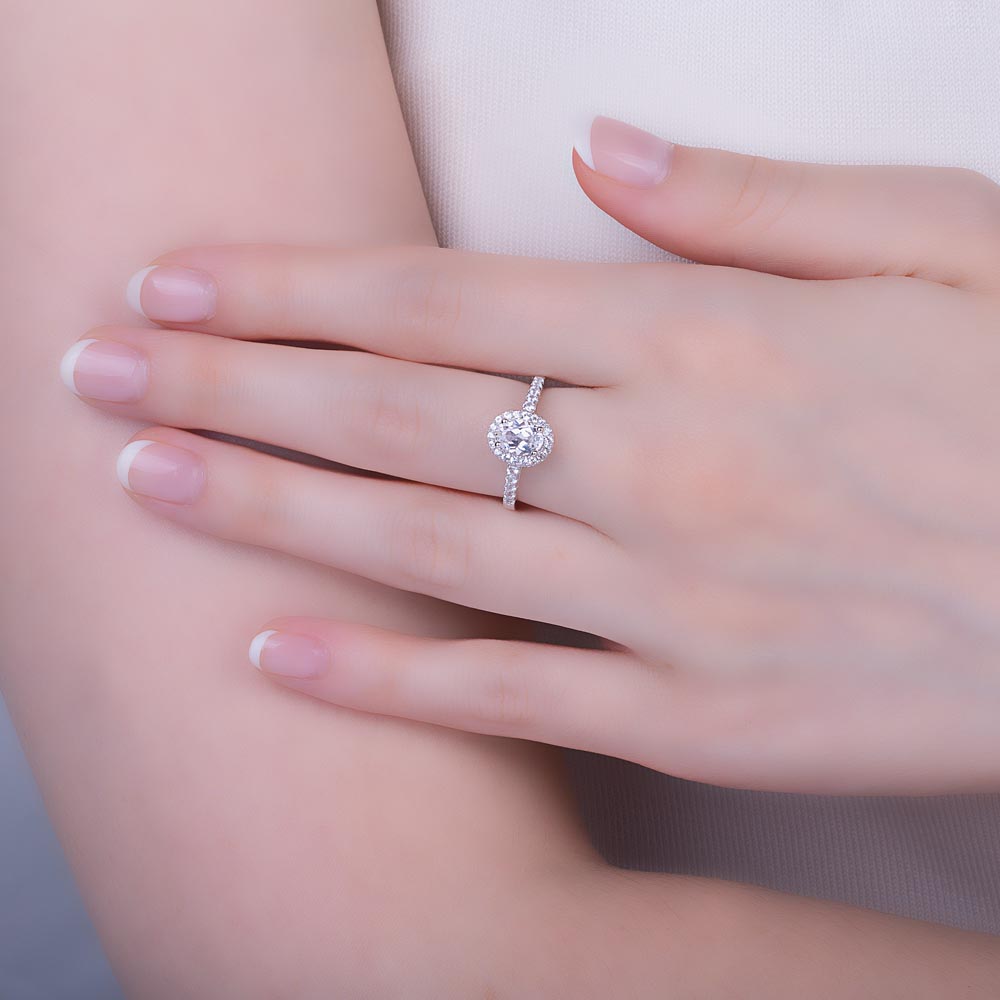 Eternity Moissanite Oval Diamond Halo 18K White Gold Engagement Ring #2