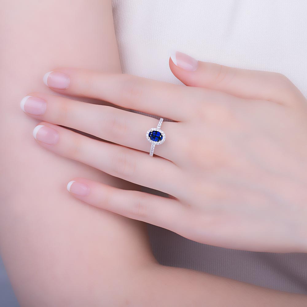 Eternity Sapphire Oval Diamond Halo 18K White Gold Engagement Ring #2