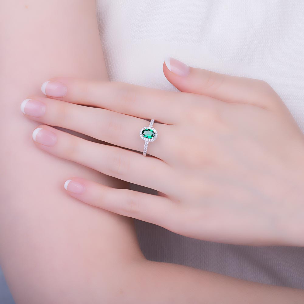 Eternity Emerald Oval Diamond Halo 18K White Gold Engagement Ring #2