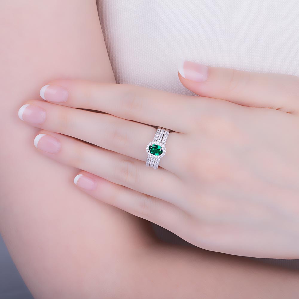 Eternity Emerald Oval Moissanite Halo 18K White Gold Engagement Ring #3