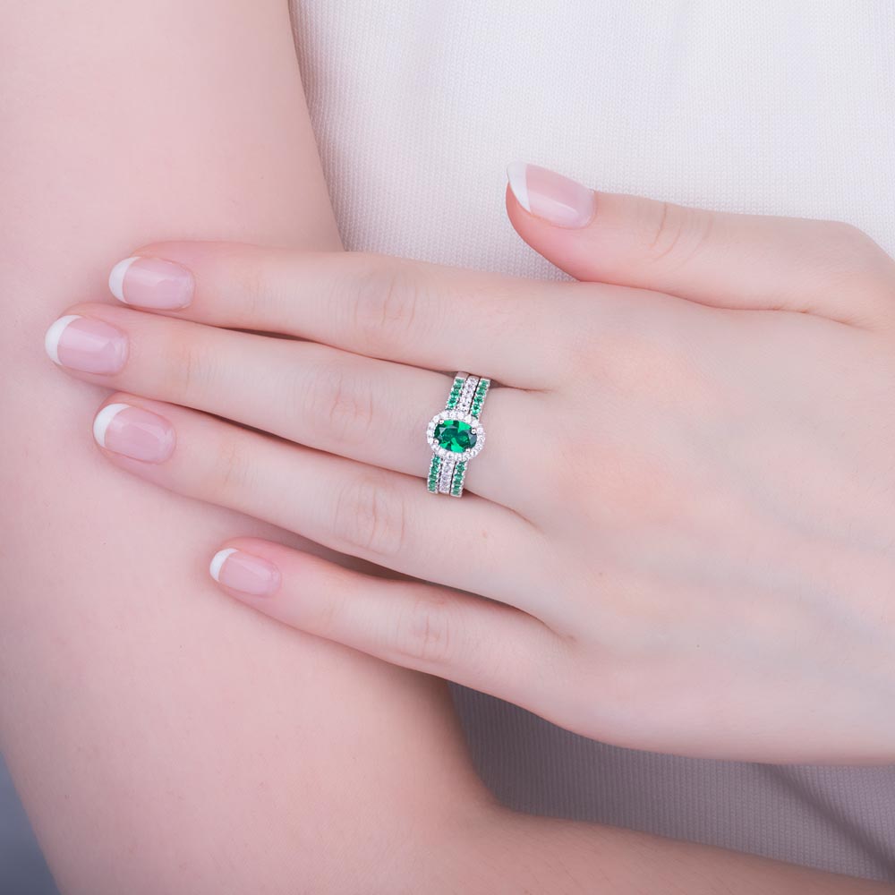 Eternity Emerald Oval Diamond Halo 18K White Gold Engagement Ring #4