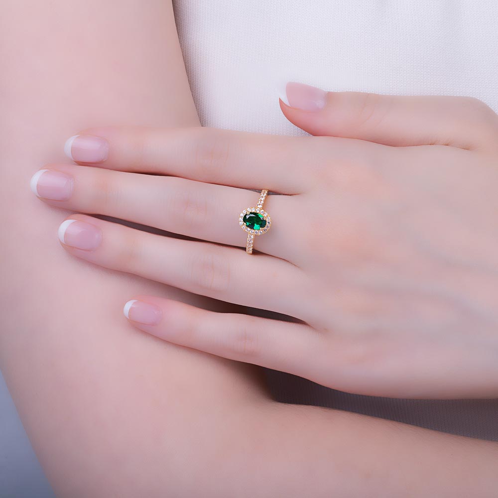Eternity Emerald Oval Diamond Halo 18K Yellow Gold Engagement Ring #2