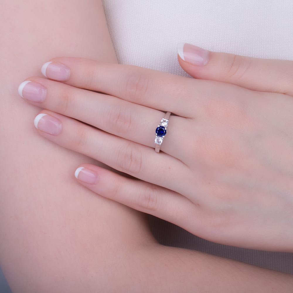 Eternity Three Stone Sapphire and Diamond 18K White Gold Engagement Ring #2