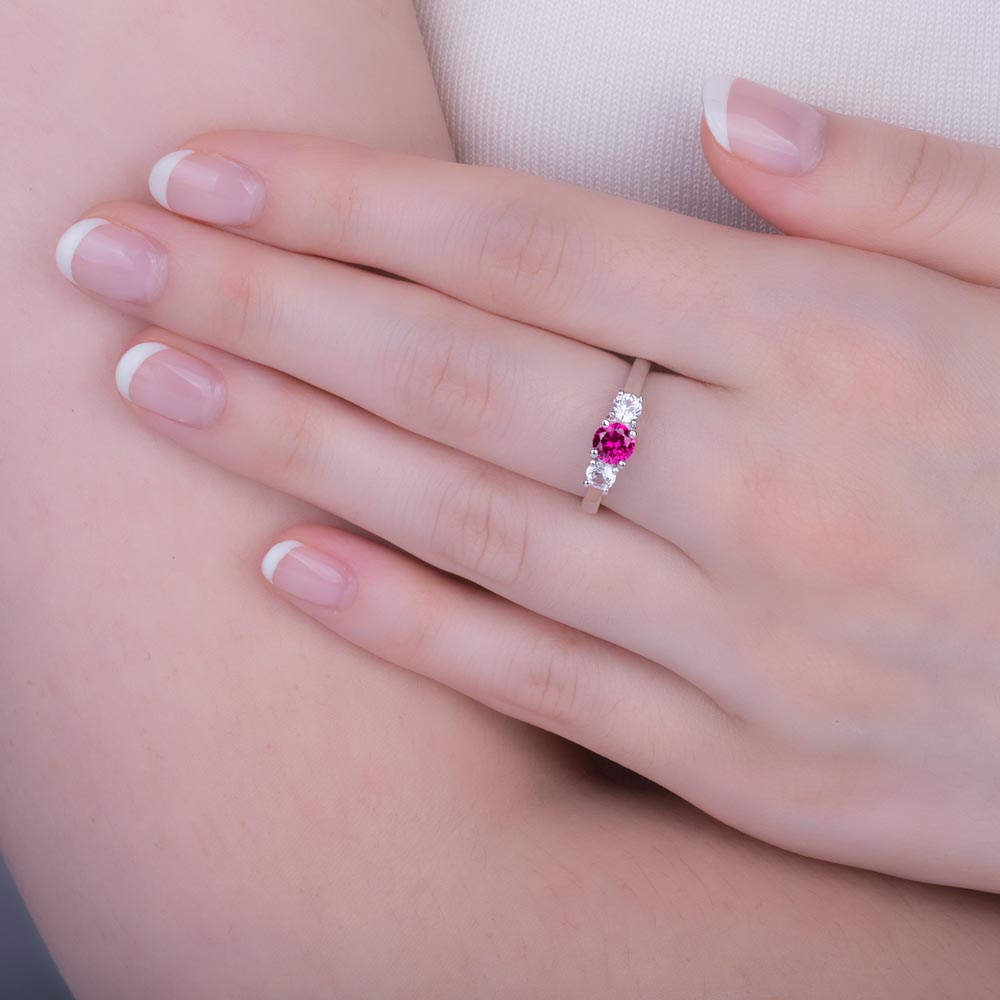 Eternity Three Stone Ruby and Diamond 18K White Gold Engagement Ring #2