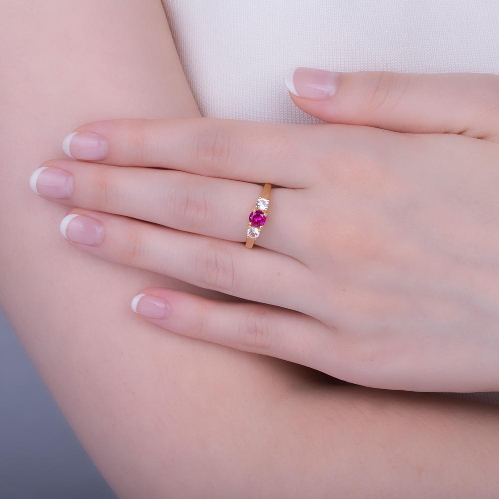 Eternity Three Stone Ruby and Diamond 18K Yellow Gold Engagement Ring #2
