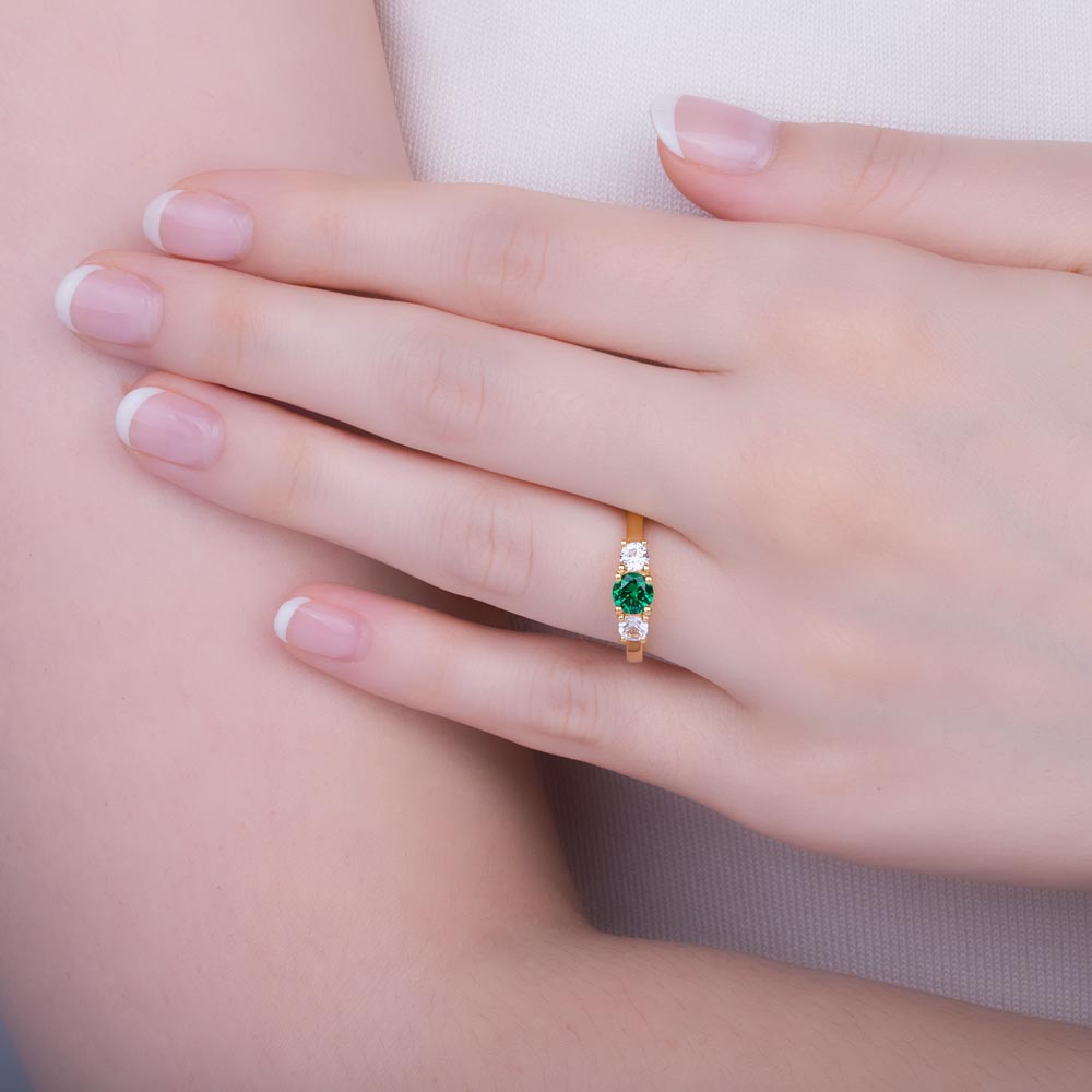Eternity Three Stone Emerald and Diamond 18K Yellow Gold Engagement Ring #2