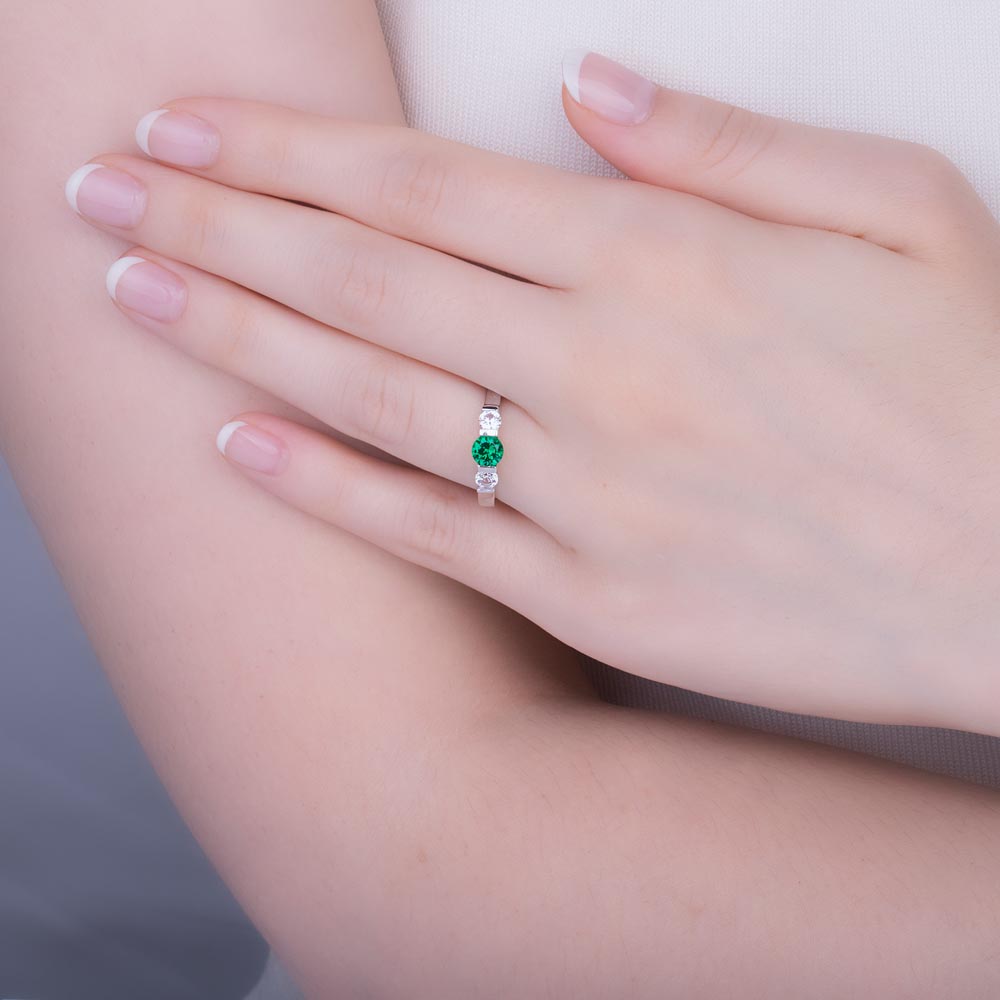 Unity Three Stone Emerald and Diamond 18K White Gold Engagement Ring #2