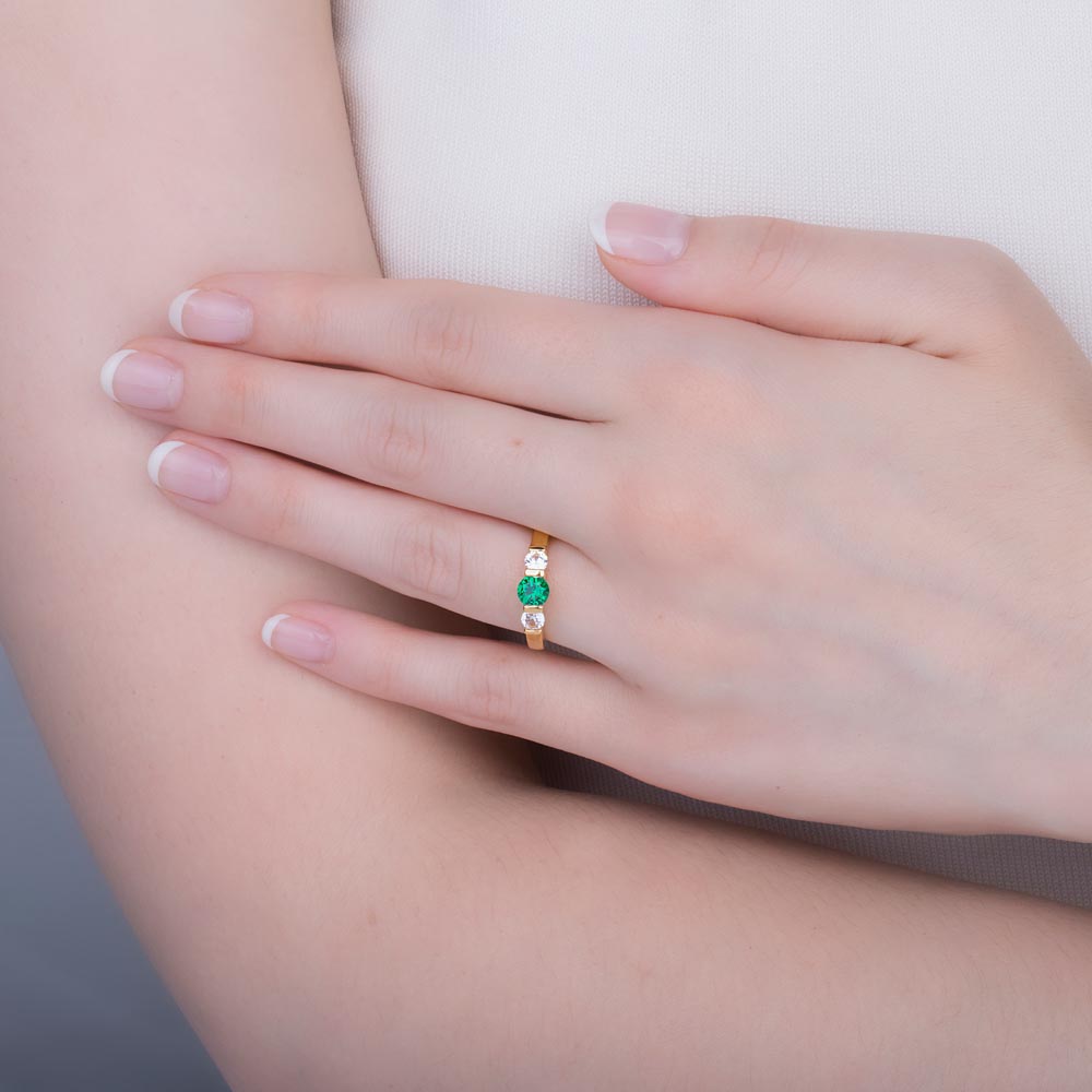 Unity Three Stone Emerald and Diamond 18K Yellow Gold Engagment Ring #2
