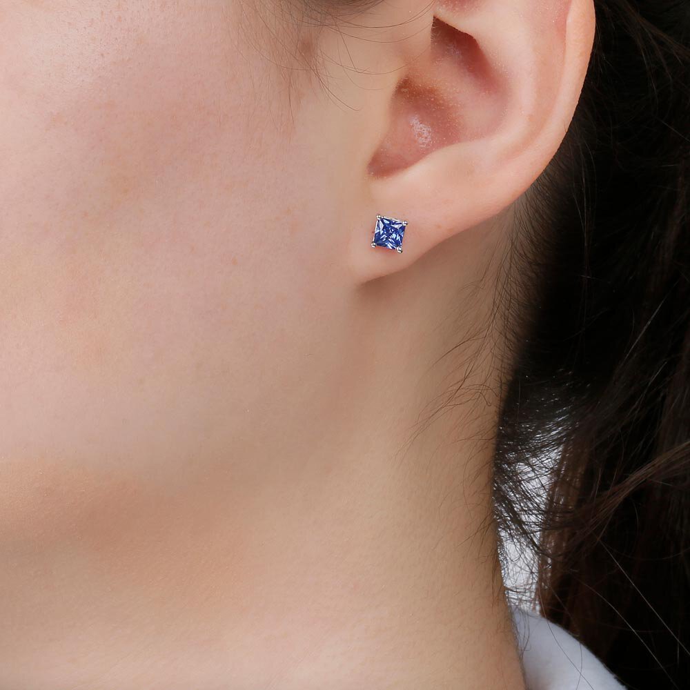 Charmisma 1ct Blue Sapphire Princess 18K White Gold Stud Earrings #2