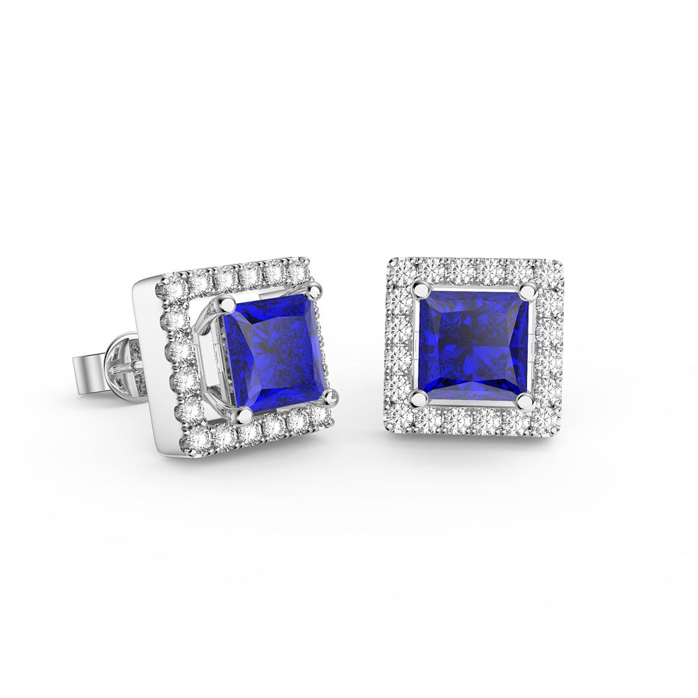 Charmisma 1ct Blue Sapphire and Diamonds 18K White Gold Princess Stud Earrings Halo Jacket Set #2