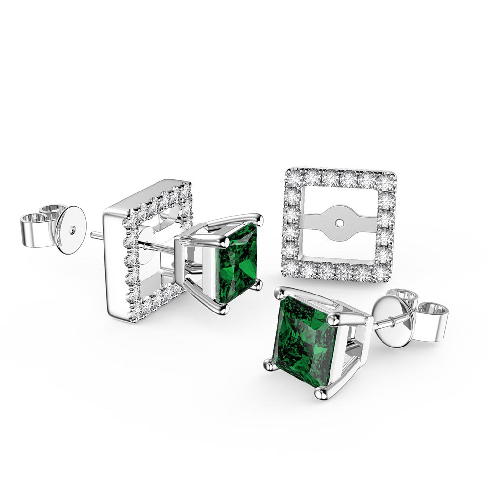 Charmisma Princess Emerald and White Sapphire Platinum Plated Silver Stud Earrings Halo Jacket Set