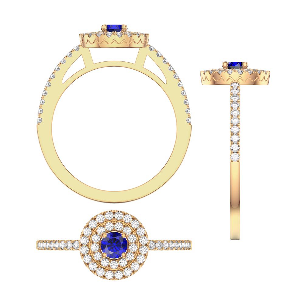 Fusion Round Blue Sapphire and Diamond Halo 18K Yellow Gold Ring #6