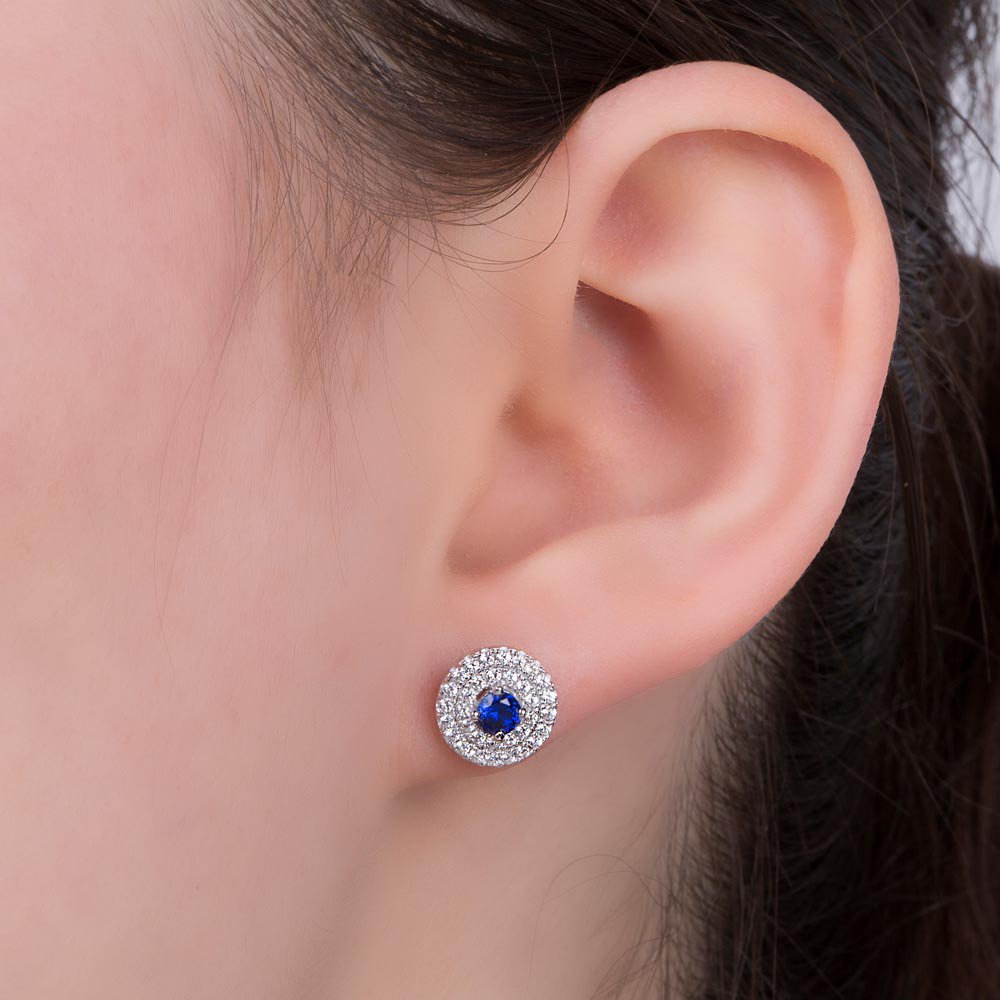 Fusion Sapphire and Diamond Halo 18K White Gold Stud Earrings #2