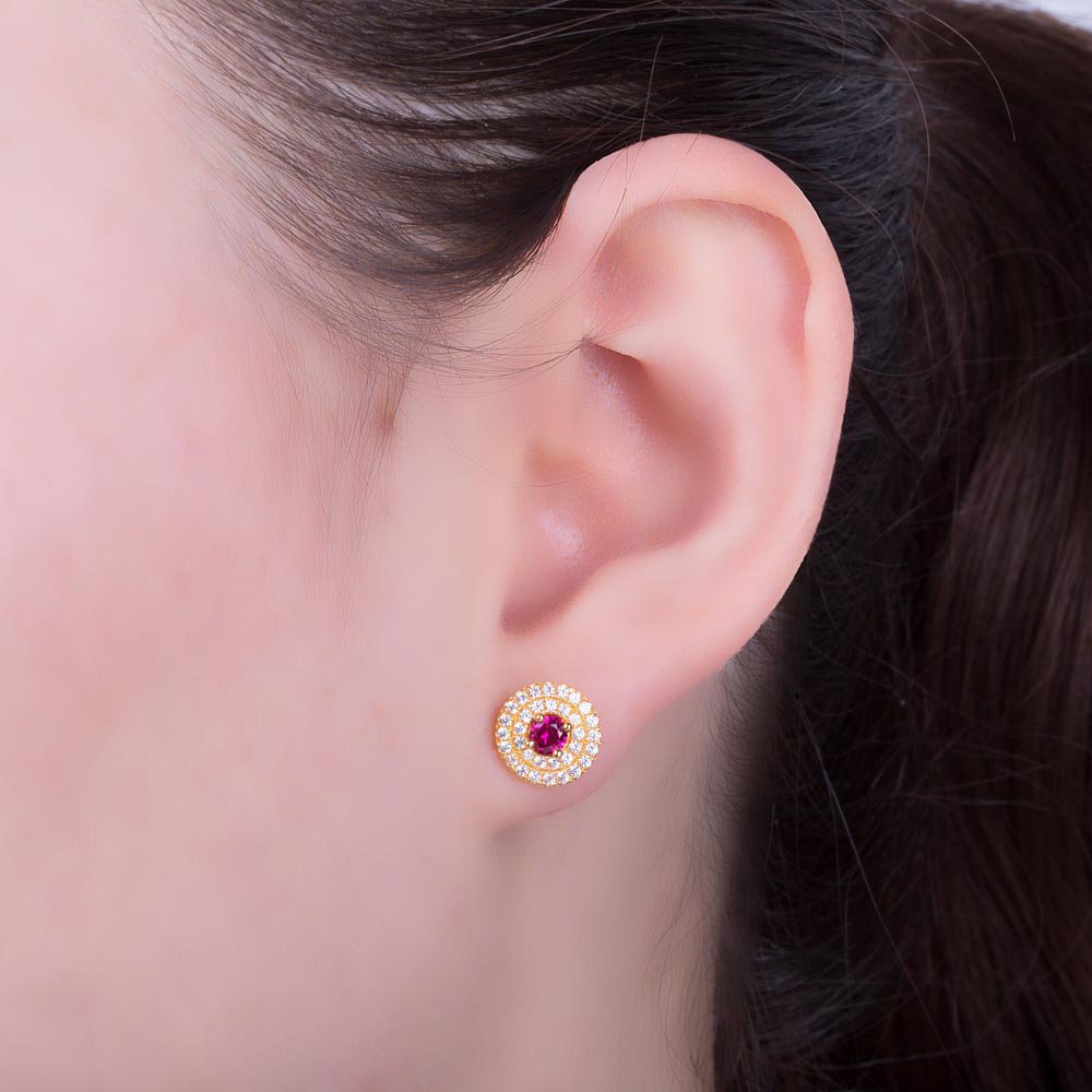 Fusion Ruby and Diamond Halo 18K Yellow Gold Stud Earrings #2