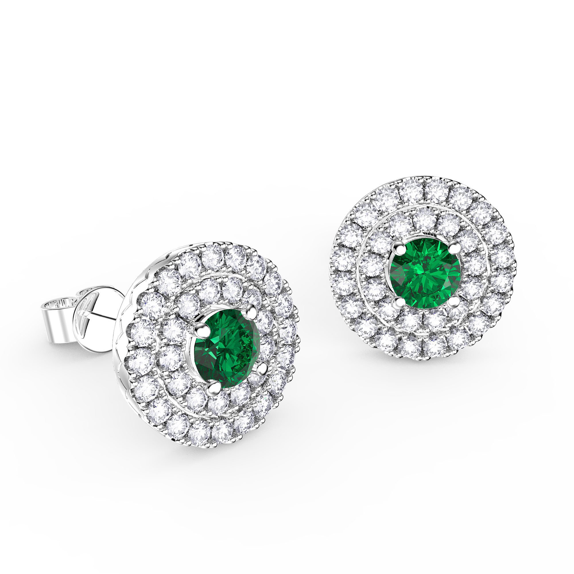 Fusion Emerald and Diamond Halo 18K White Gold Stud Earrings