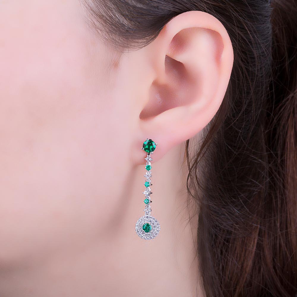 Fusion Emerald Halo Platinum plated Silver Stud Drop Earrings Set #2