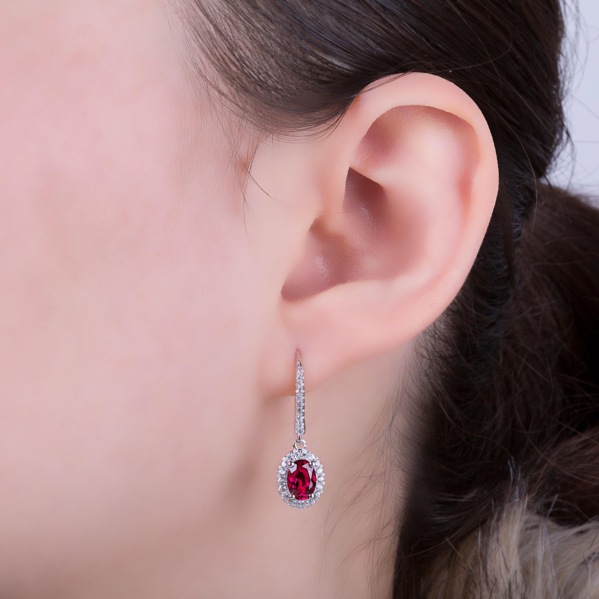 Eternity 1.5ct Ruby Oval Halo 10K White Gold Pave Drop Earrings #4