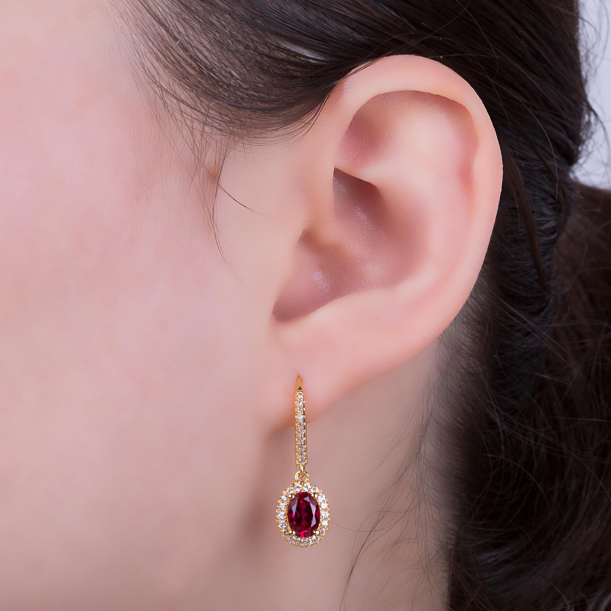 Eternity 1.5ct Ruby Oval Halo 18K Yellow Gold Pave Drop Earrings #4