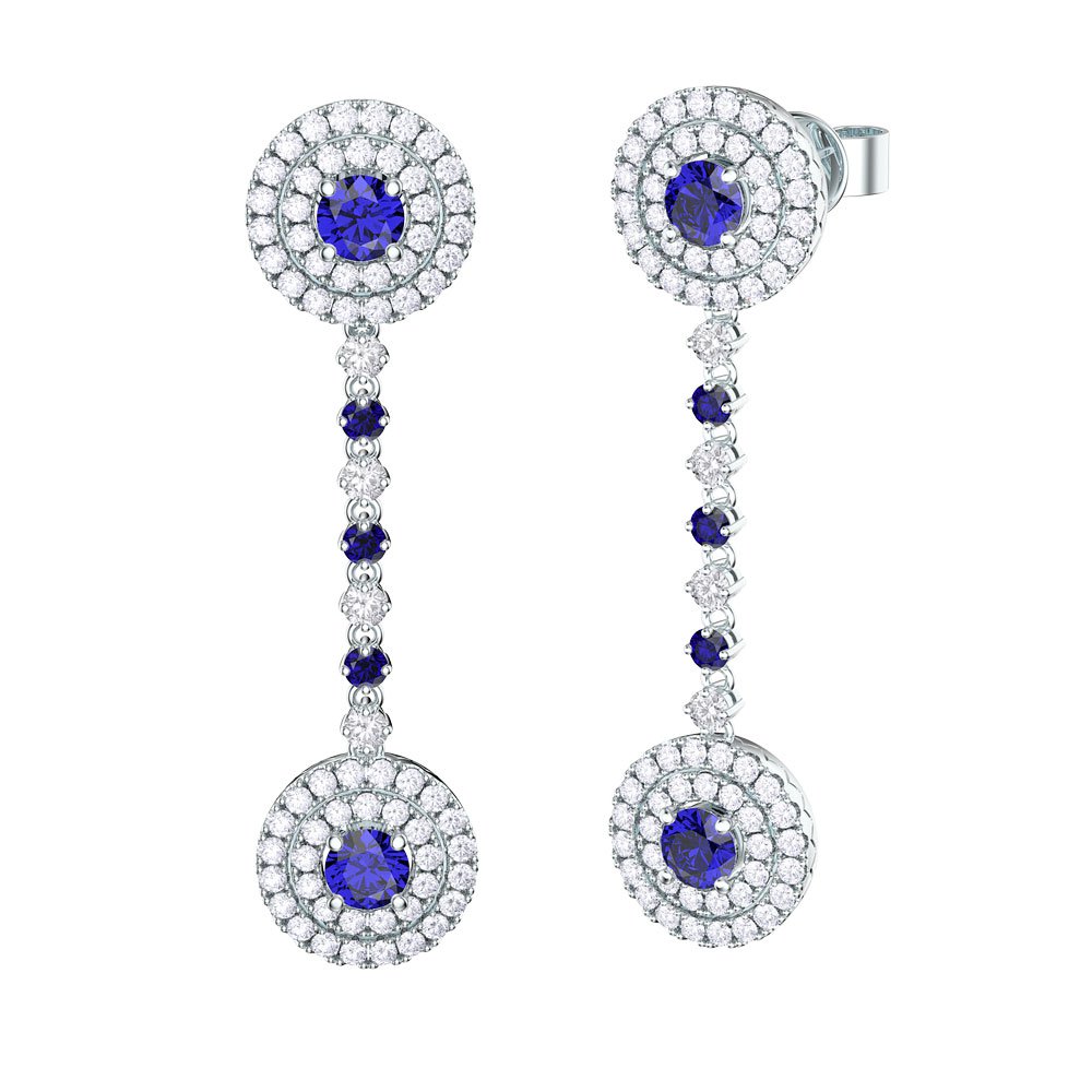 Fusion Sapphire Halo 18K White Gold Stud and Drop Earrings Set #1