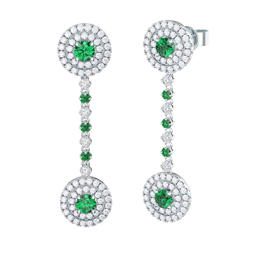 Fusion Emerald Halo 18K White Gold Stud and Drop Earrings Set