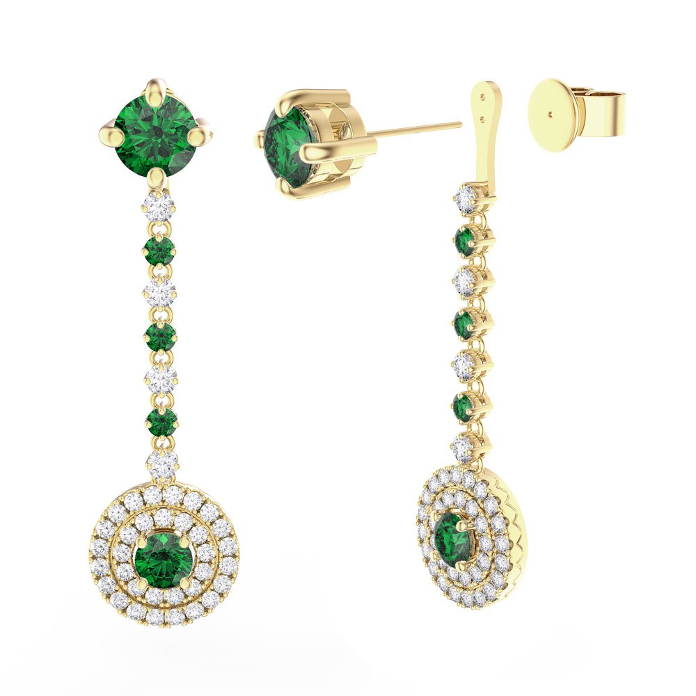 Fusion Emerald and Diamond 18K Yellow Gold Stud Halo Drop Earrings Set