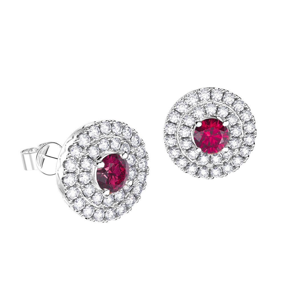 Fusion Ruby and Diamond Halo 18K White Gold Stud Earrings